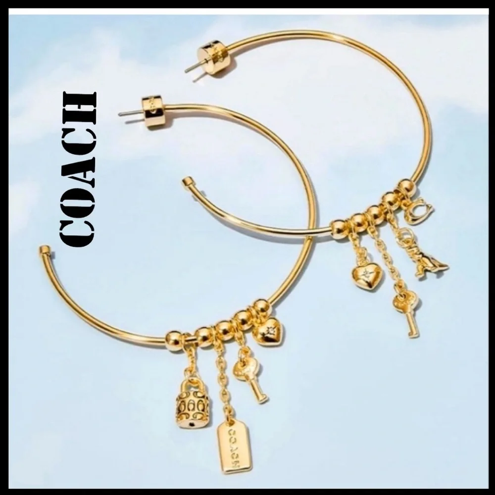 COACH DANGLE MULTI CHARM LARGE HOOP EARRINGS - Picture 1 of 8
